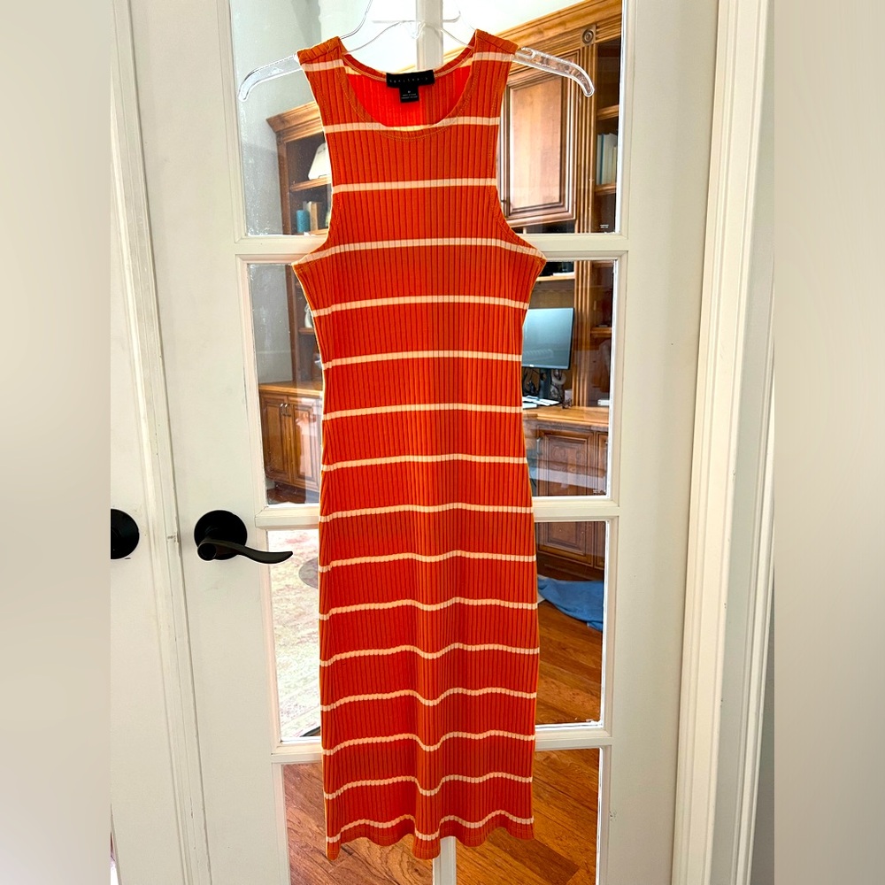 Sanctuary Orange And White Fitted Midi Dress